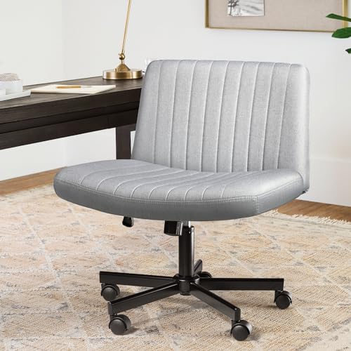 LEMBERI Criss Corss Chair with Wheels,Fabric Padded Armless Wide Office Desk Chairs,120° Rocking Swivel Mid Back Computer Task Vanity Chair for Home Office, Small Space - Grey - With Wheels