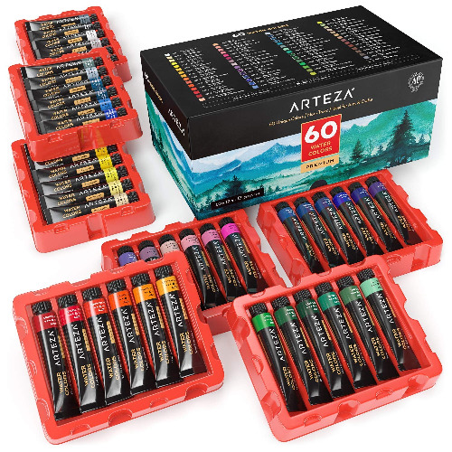 ARTEZA Watercolor Paint, Set of 60 Colors/Tubes (12 ml/0.4 US fl oz) W/ Storage Box, Rich Pigments, Vibrant, Non Toxic Paints for The Artist, Hobby Painters, Ideal for Watercolor Techniques - 