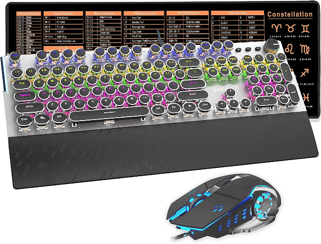 Basaltech Typewriter Style Mechanical Keyboard with Magnetic Removable Wrist Rest Gaming Mouse Gift Combo, Wired 108-Key Gaming Keyboard with Rainbow LED Backlit Blue Switch Metal Panel Round Keycaps - Black