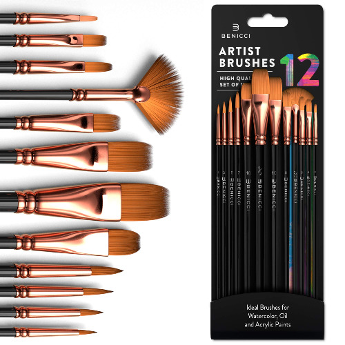 Professional Artist Paint Brush Set of 12 - Painting Brushes Kit for Kids, Adults Fabulous for Canvas, Watercolor & Fabric - for Beginners and Professionals - Great for Water, Oil or Acrylic Painting - 