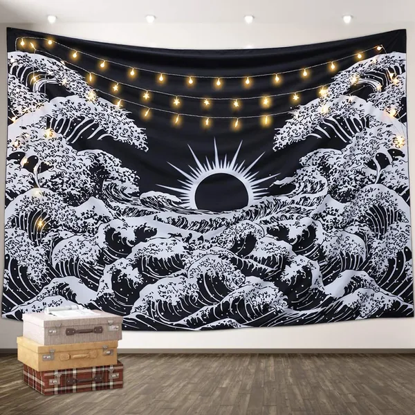 A Amebay Black and White Tapestry, Great Wave Sun Tapestry Wall Hanging,Mountain Tapestry for Bedroom Dorm Decor (200*150CM)