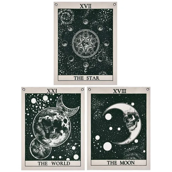 Krelymics Pack of 3 Tarot Tapestry, The Star The Moon The World Tarot Card Tapestry Mysterious Medieval Europe Divination Tapestry with Rustproof Grommets, Seamless Nails