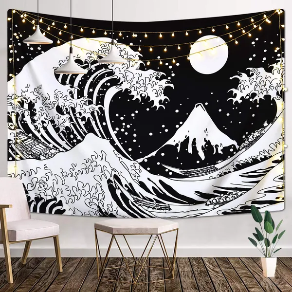 Japanese Wave Tapestry,Kanagawa Great Wave Wall Tapestry, Wave Tapestry with Sun Tapestries, Black and White Tapestry for Room