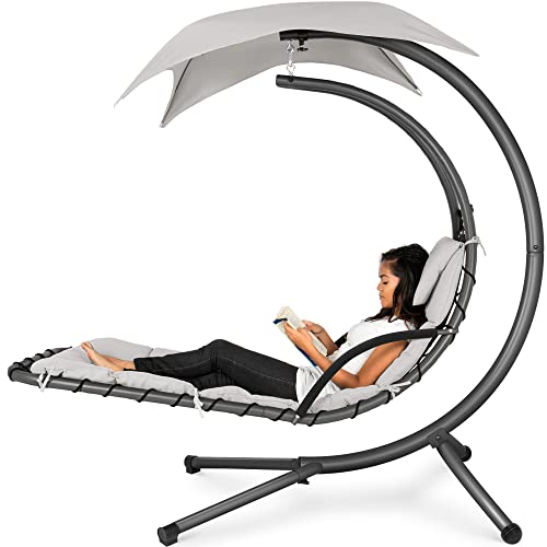 Best Choice Products Outdoor Hanging Curved Steel Chaise Lounge Chair Swing w/Built-in Pillow and Removable Canopy - White Sand - White Sand