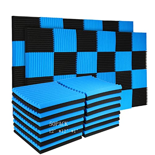 50 Pack Acoustic Panels Soundproof Studio Foam for Walls Sound Absorbing Panels Sound Insulation Panels Wedge for Home Studio Ceiling, 1" X 12" X 12" (50Pcs, Black&Blue) - Black&Blue