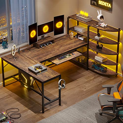SEDETA L Shaped Computer Desk, 65'' Office Desk with Keyboard Tray & LED Light, L Shaped Desk with Storage Shelves and Monitor Stand for Home Office, L Desk, Rustic Brown - Rustic Brown