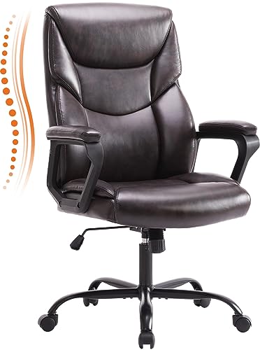 OLIXIS Home Office Desk Chair PU Leather with Armrests, Retractable Footrest and Headrest Swivel Rolling, Brown - Brown - Fixed Armrests
