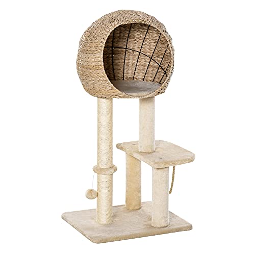 PawHut Cat Tree with Sisal Scratching Post Condo and Hanging Rope 39" H, Beige