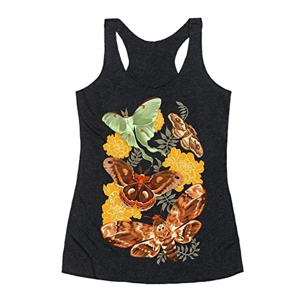 LookHUMAN Moths & Marigolds Heathered Black Women's Racerback Tank