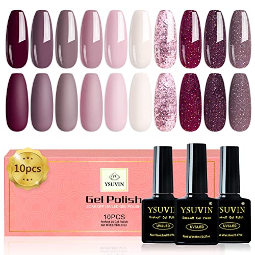 YSUVIN UV Nagellack, 10 Farben Gel Nagellack, Natur Elfenbein Rosa Rotweinrot Glitzer Rot Tränken Sie den UV-Nagellack für Anfänger DIY Nail Art Maniküre Salon, Langlebig, 8ML - Rosa Rotweinrot