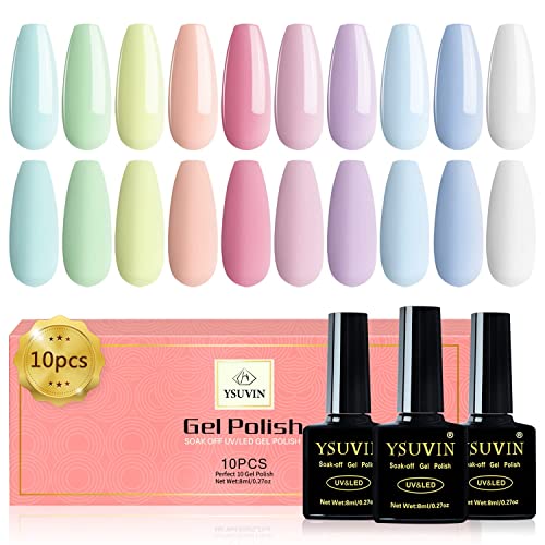 YSUVIN UV Nagellack, 10 Pastell Makronen Gel Nagellack Kit Grün Blau Gelb Rosa Lila Weiß Erforderlich Base Top Coat UV Gehärtetes Gel für Anfänger Sommer DIY Nail Art Maniküre Salon - 10 Pastell