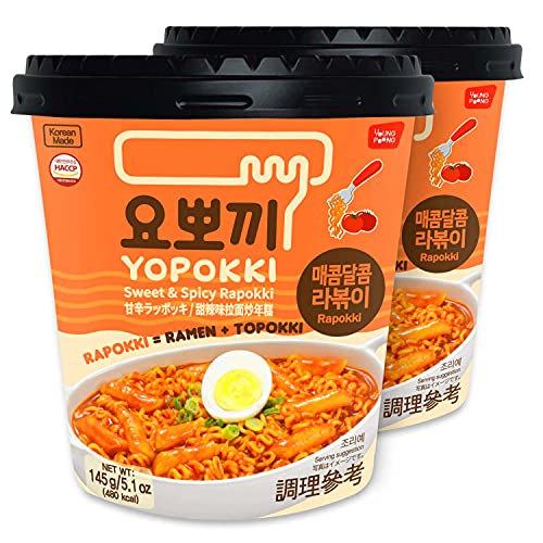 Yopokki Sweet & Mild Spicy Rabokki Cup I Ramen Noodle Tteokbokki Topokki Rice Cakes (Sweet & Mild Spicy Flavored Sauce,145g, 2 Cup) Korean Snack - Sweet&Mild Spicy