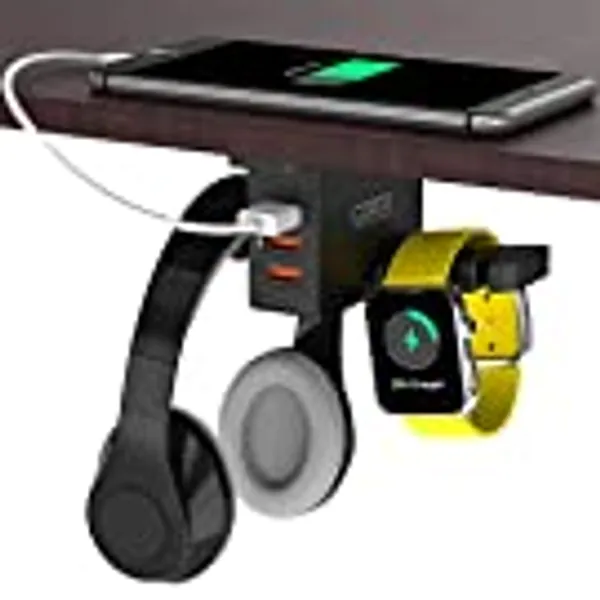 cozoo Headphone Stand with USB Charger Under Desk Headset Holder Mount with 3 Port USB Charging Station and iWatch Stand Smart Watch Charging Dock Dual Earphone Hanger Hook,UL Tested