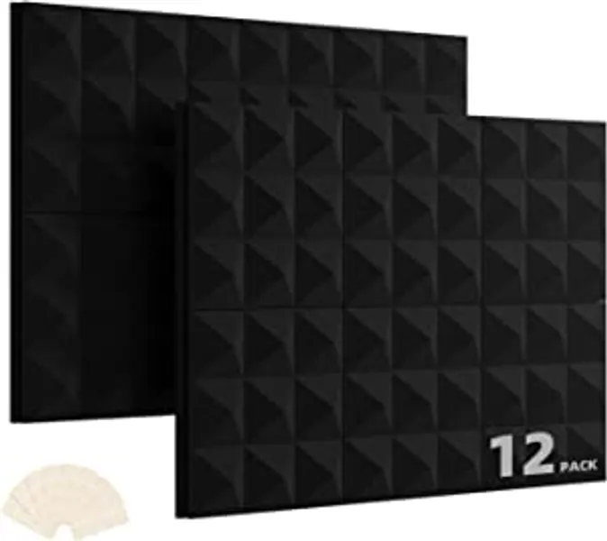 Webetop Acoustic Panels Studio Foam 2.5 inch Thickness 12 Pack Set 2.5" X 12" X 12" for Sound Absorbing Panel 3D Pyramid Design with Adhesive Tape Black
