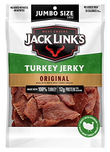 Jack Link’s Turkey Jerky, Original – Flavorful Meat Snack with 12g of Protein and 70 Calories, Made with 100% Turkey - 96% Fat Free, No Added MSG** or Nitrates/Nitrites, 5.85 oz. Sharing Size Bag - Original Turkey