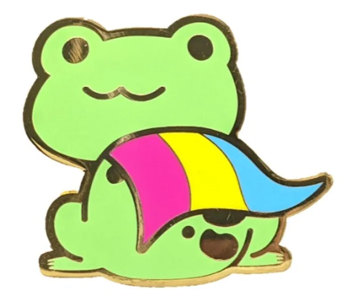 Hokum and Snark Pansexual Pride Chibi Superhero Frog Enamel Pin in Pan LGBT+ Flag Colors | Subtle Pride Jewelry, purple, pink, blue, Small