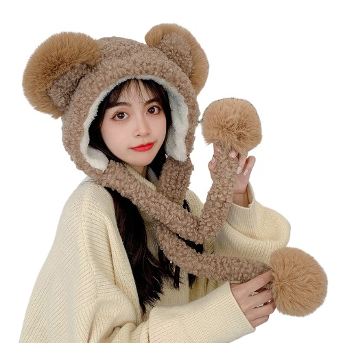 Kawaii Women Beanie Hat Teddy Bear Ears Knit Scarf Neck Warmer Gaiter Winter Japanese Faux Fur Pom Pom Fleece Warm Cute Hood