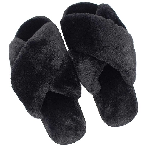 dressfan Women's Plush Slippers Open Toe Home Slippers Flat Warm Fluffy Faux Fur Non-Slip Soft Rubber Sole Winter for Indoor and Outdoor Use - 6/7 AU - black