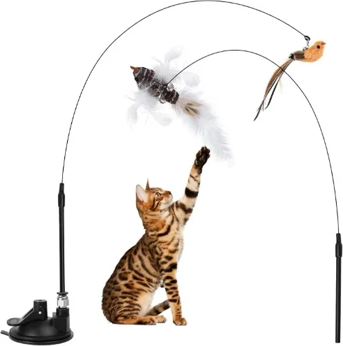 2 Pack Interactive Cat Toys with Bird Feathers - Interactive Cat Toy - Cat Games - Stable Fishing with Suction Cup