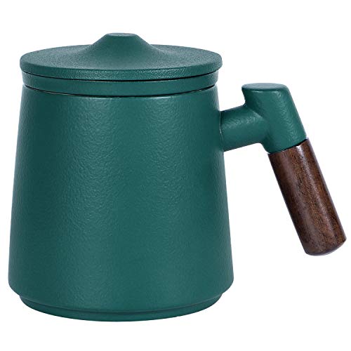 Sandalwood handle Tea Mug，Porcelain Tea Mug with Infuser and Lid，13.5 oz - Cyan
