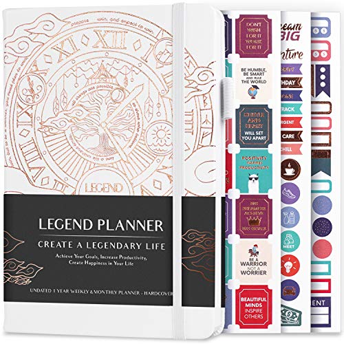 Legend Planner – Deluxe Weekly & Monthly Life Planner to Hit Your Goals & Live Happier. Organizer Notebook & Productivity Journal. A5 Hardcover, Undated – Start Any Time + Stickers – White