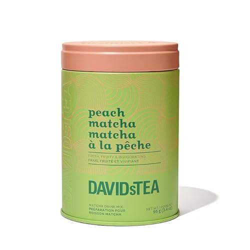 DAVIDsTEA Peach Matcha Green Tea Powder Printed Tin, Premium Japanese Matcha Powder with Natural Peach Flavoring and Pure Cane Sugar, 3.4 Ounces / 95 Grams