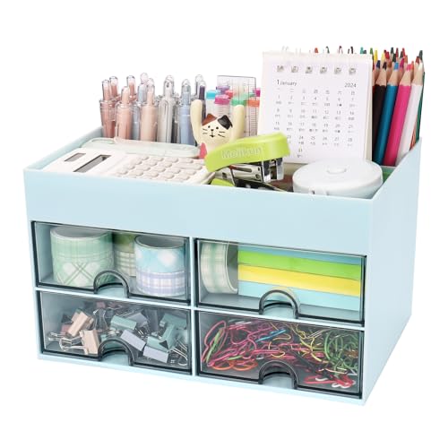 Desk Organizer, Plastic Stationery Storage Box with 4 Drawers, 3 Compartments & a Top Tray, Bathroom Organizers Makeup Brush Holder for Women, 21 cm x 14.2 cm x 12.2 cm (Blue) - 4 Compartments + 4 Drawer (Blue)