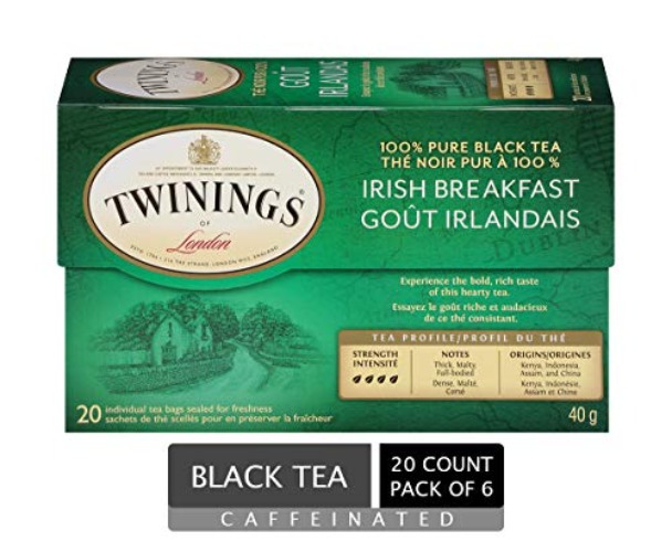 Twinings Irish Breakfast Individually Wrapped Tea Bags | Caffeinated, Thick, Malty, Full-Bodied 100% Black Tea | 20 Count (Pack of 6) - Irish Breakfast - 20 Count (Pack of 6)