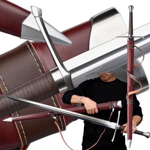 Medieval Sword Warrior Real Hand Forged Spring Steel 46" with Black/Brown Scabbard Longsword Modernization Handmade Full-Tang Tempered - Brown