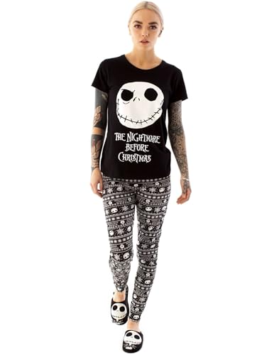 Disney Nightmare Before Christmas Pyjamas For Women | Ladies Jack Skellington T-Shirt & Trousers PJ Set | Adults Black T-Shirt & Elasticated Waistband - M - Black