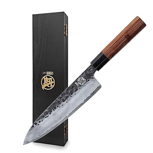 MITSUMOTO SAKARI 8 inch Japanese Gyuto Chef Knife, Professional Hand Forged Kitchen Chef Knife, 3 Layers 9CR18MOV High Carbon Meat Sushi Knife (Rosewood Handle & Wooden Box) - Gyuto Chef's Knife