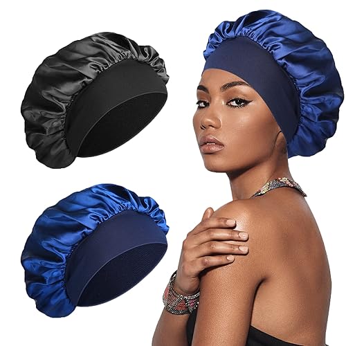 SWEET VIEW Silk Bonnet Satin Bonnet, Silk Hair Wrap for Sleeping, Soft and Comfortable Silk Sleep Cap - Black, Navy