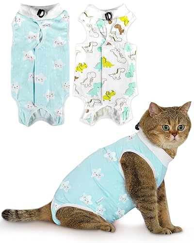 ANWA 2 Pack Cat Recovery Suit - Breathable Cat Surgery Recovery Suit Female, Cat Onesie for Cats After Surgery, Cat Spay Recovery Suit Female Abdominal Wounds - Star + Dinosaur - Medium