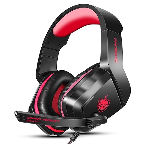 PHOINIKAS H1 Gaming Headset for PS4, Xbox One, PC, Laptop, Switch, Xbox One Headset with Noise-Cancelling Mic, Over Ear Headphones with Bass Surround - Red - Red