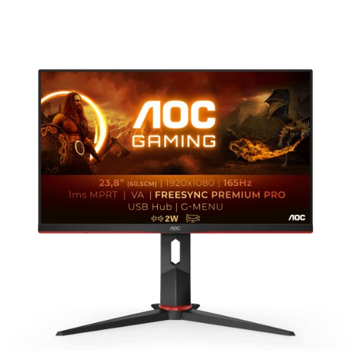 AOC 24G2SU - 24 Inch FHD Gaming Monitor, 165Hz, VA, 1ms, AMD FreeSync Premium, Height Adjust, USB HUB, Speakers (1920 x 1080 @ 165Hz, 350cd/m², HDMI 1.4 / DP 1.2 / USB 3.2)