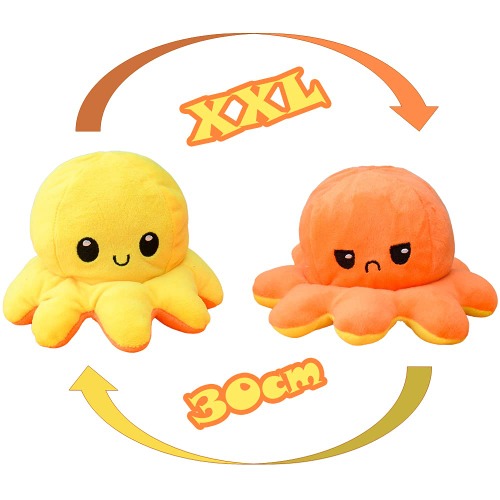 KUNSTIFY Oktupus Stimmungs Kuscheltier XXL Oktopus Plüsch wenden XXL Mood Octopus Plüschtier XXL Kuscheltier groß, riesen Geschenke für Frauen Beste Freundin Kinder Geschenke 30cm Gelb Orange