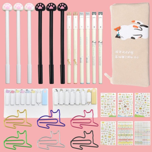 WUHEECOME 12 Stücke Cartoon Gelschreiber 0,5/0,38mm Cute Stationary Niedliche Katzenstifte Set Gel Tintenstifte 30 Katzen Papier Clips 320 Haftnotiz Seite Süße Cartoon Katze Stifte für Schuler