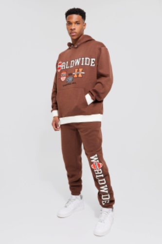 Oversized Badged Varsity Hooded Tracksuit | boohooMAN USA