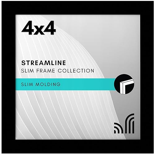 Americanflat 4x4 Picture Frame with Shatter-Resistant Glass - Streamline Collection - Thin Square Picture Frame for Tabletop and Wall Display - Hanging Hardware and Easel Stand Included - Black - Black - 4x4