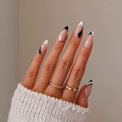 Celepaty Press on Nails Medium Almond Fake Nails with Designs Retro Sideways Glue on False Nail Kit Full Cover Glue on Nails with Adhesive Tabs, 24Pcs - Almond Retro Sideways