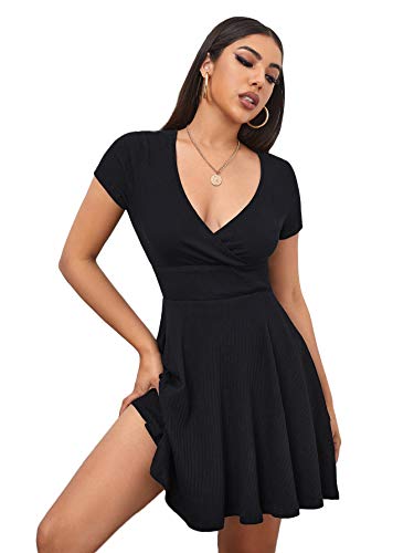 Verdusa Women's Surplice Neck Short Sleeve Mini Wrap A Line Fit and Flare Dress - XX-Large - Black
