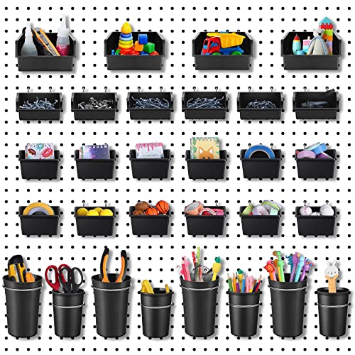 Roowest 60 Pcs Pegboard Cups Pegboard Bins Set, Pegboard Wall Organizer with Hooks and Loops, Peg Hooks Assortment Organizer Accessory for Office Storage Garage Craft Workshop (Black) - Black