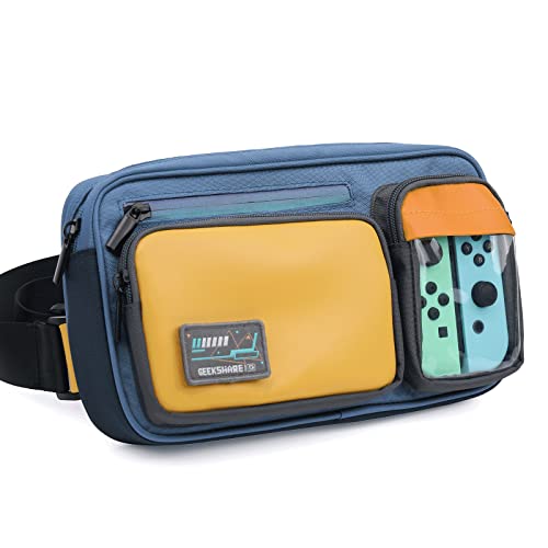 Geekshare Large Capacity Multifunctional Switch/Switch OLED Travel Carrying Case-Color Contrast Laser Messenger Bag Compatible with Nintendo Switch (Blue & Yellow) - Blue & Yellow