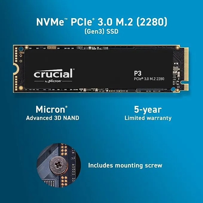 Crucial P3 1TB PCIe Gen3 3D NAND NVMe M.2 SSD, up to 3500MB/s - CT1000P3SSD8 - 1TB - P3 - SSD