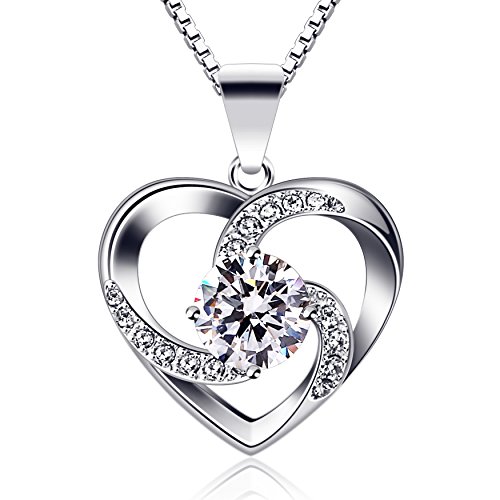 B.Catcher Kette Herz Damen Halskette 925 Sterling Silber Anhänger ''Liebe ist das Glück'' Schmuck Zirkonia 45CM Kettenlänge Geschenk für Damen - Weiß
