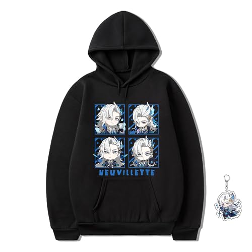 Genshin Impact Hoodie Women Sweatshirt Sweater Men Unisex Anime Hoodie Furina Scaramouche Hu Tao, Free Keychain - Large - Black-neuvillette-1