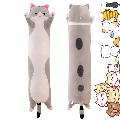 Rexinc Long Cat Plush Pillow Toy Sleeping Pillow Cute Cartoon Cat Stuffed Animals Soft Long Body Pillow Gift for Kids( 19.68in,Gray) - Gray Cat 19.68inch