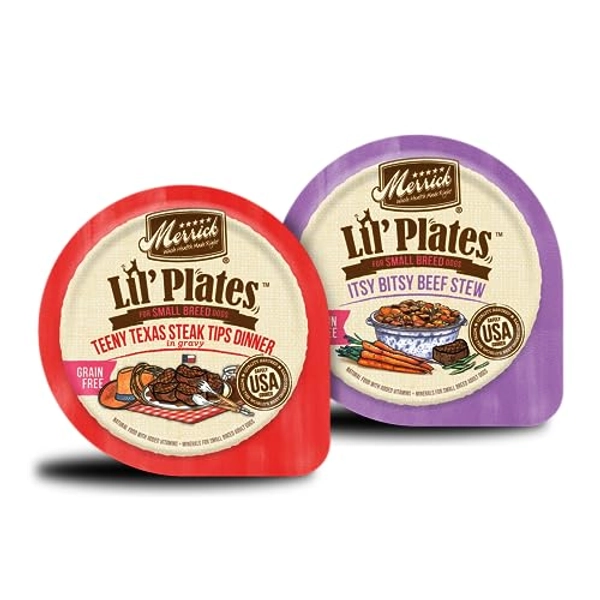 Merrick Lil’ Plates Grain Free Small Breed Wet Dog Food Bundle Pack, 2 Flavors (Itsy Bitsy Beef Stew, Teeny Texas Steak Tips Dinner)