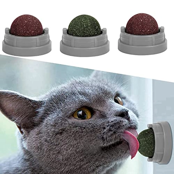 MIKITOYzone Catnip Ball for Cats Wall, 3 Pack Catnip Toys, Edible Kitty Toys for Cats Lick, Teeth Cleaning Dental Cat Toys, Cat Wall Treats Kitten Playing Chewing Cleaning Teeth Toy (Grey)