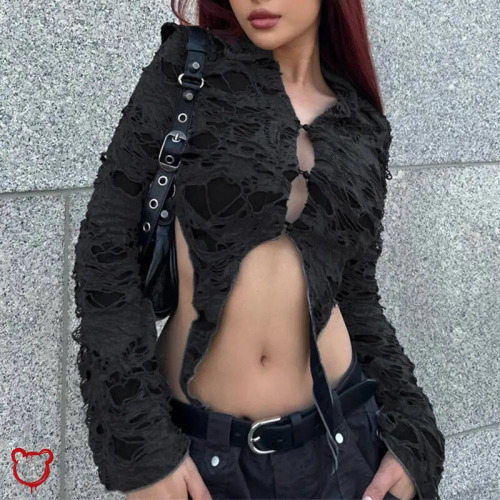 Black lace crop top - Black / M